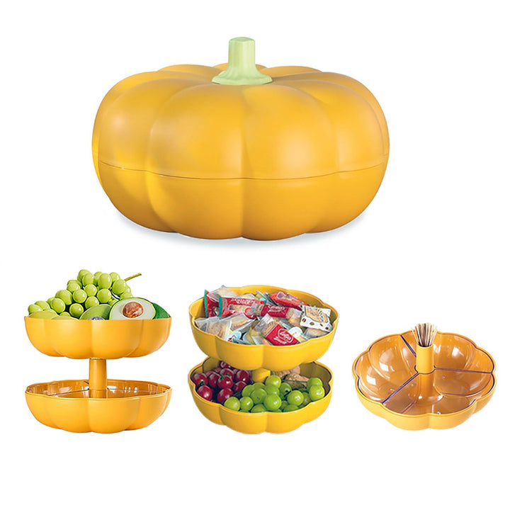 Big Pumpkin Snack Holder with Lid, Double Layer Serving Container with 3 Divided Compartments