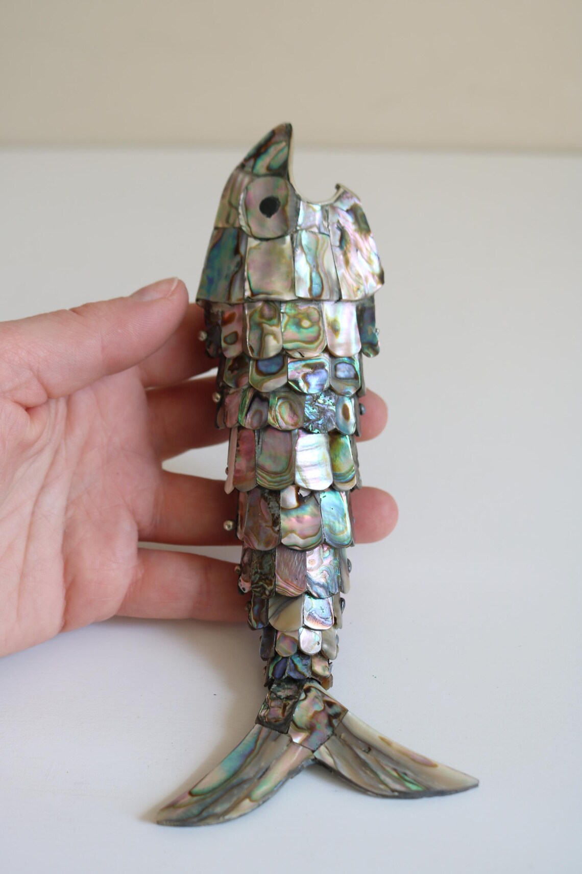 Articulated Abalone shell and Brass Fish Bottle Opener, Mexico, 1980's, 18 cm