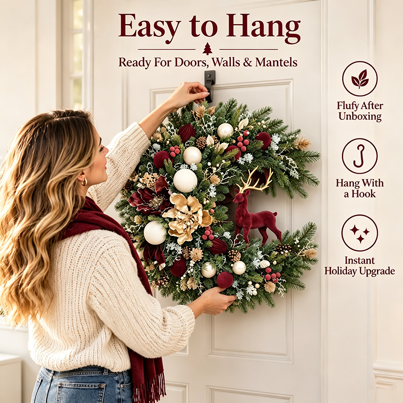 Luxury Burgundy Deer Christmas Wreath