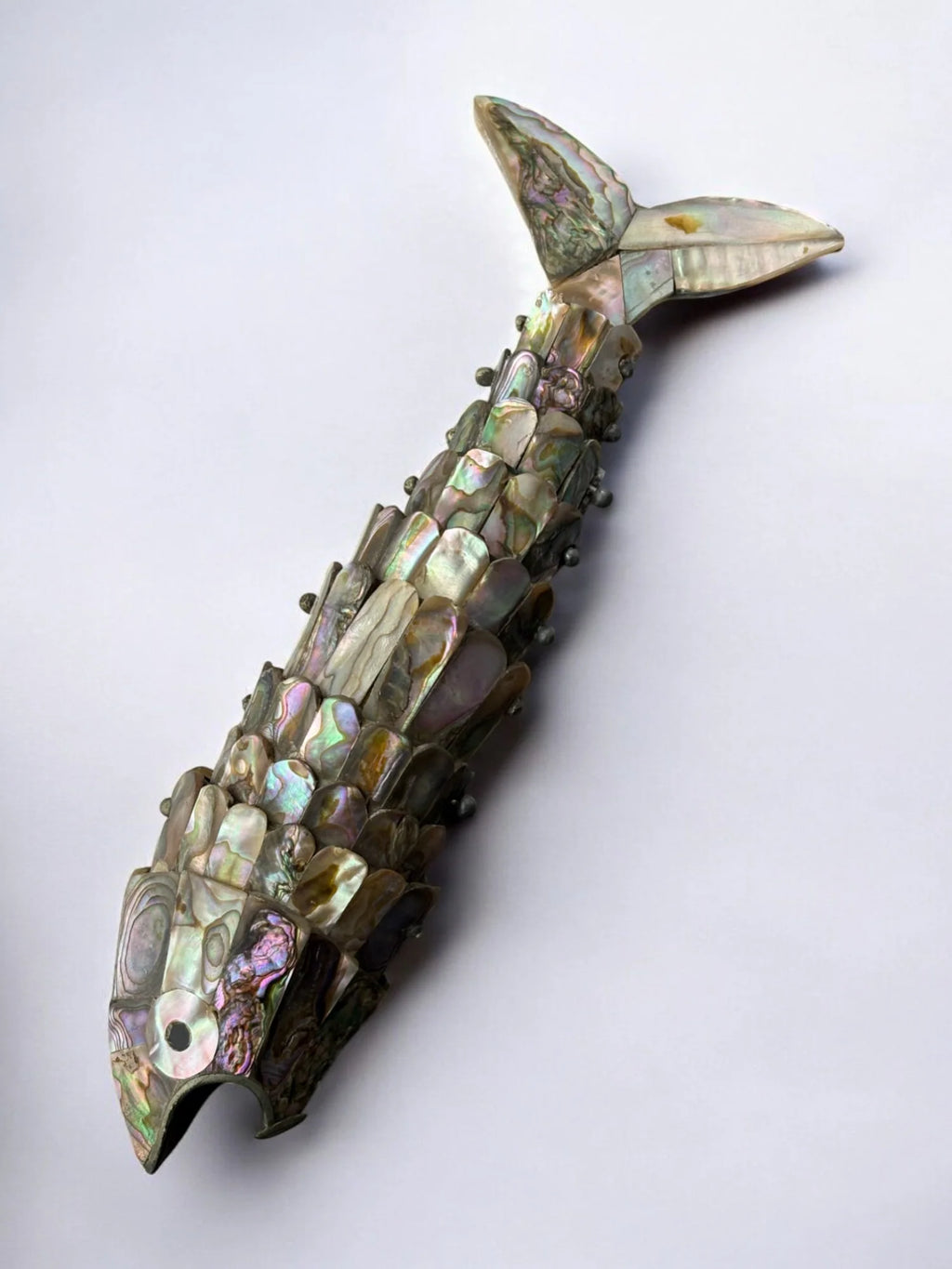 Articulated Abalone shell and Brass Fish Bottle Opener, Mexico, 1980's, 18 cm