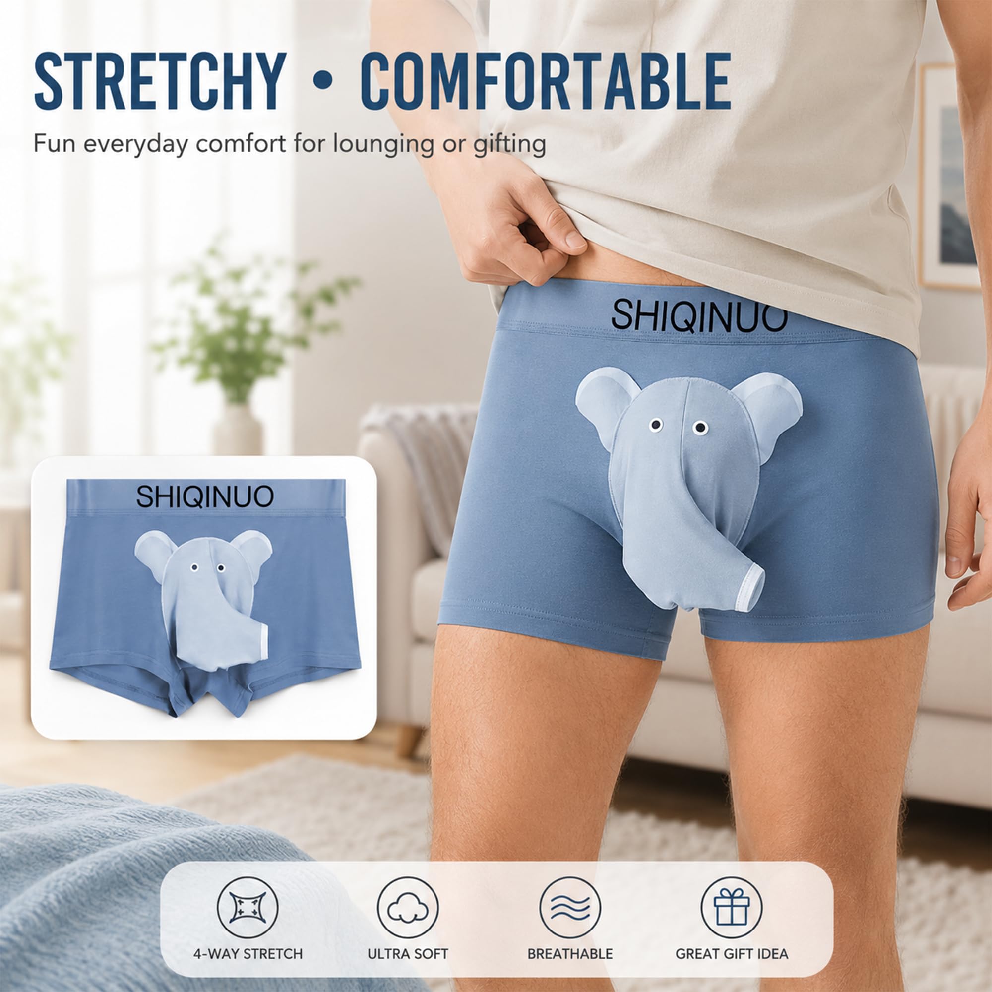Men's Modal Boxer Briefs 3 Pack, Funny Elephant Trunk Underwear