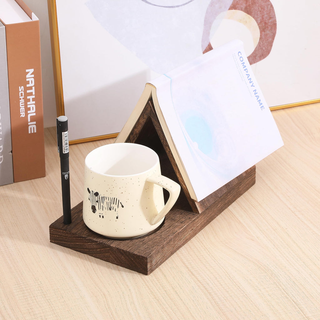 Wooden Triangular Book Stand with Cup Holder