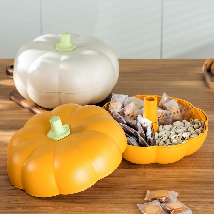 Big Pumpkin Snack Holder with Lid, Double Layer Serving Container with 3 Divided Compartments