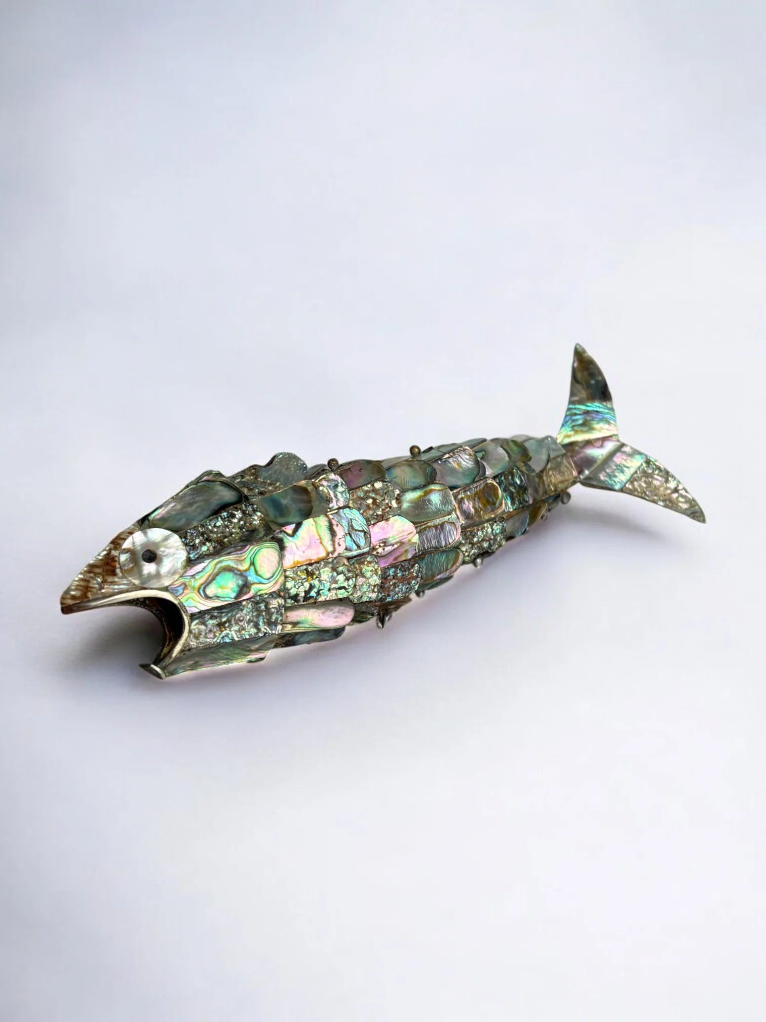 Articulated Abalone shell and Brass Fish Bottle Opener, Mexico, 1980's, 18 cm