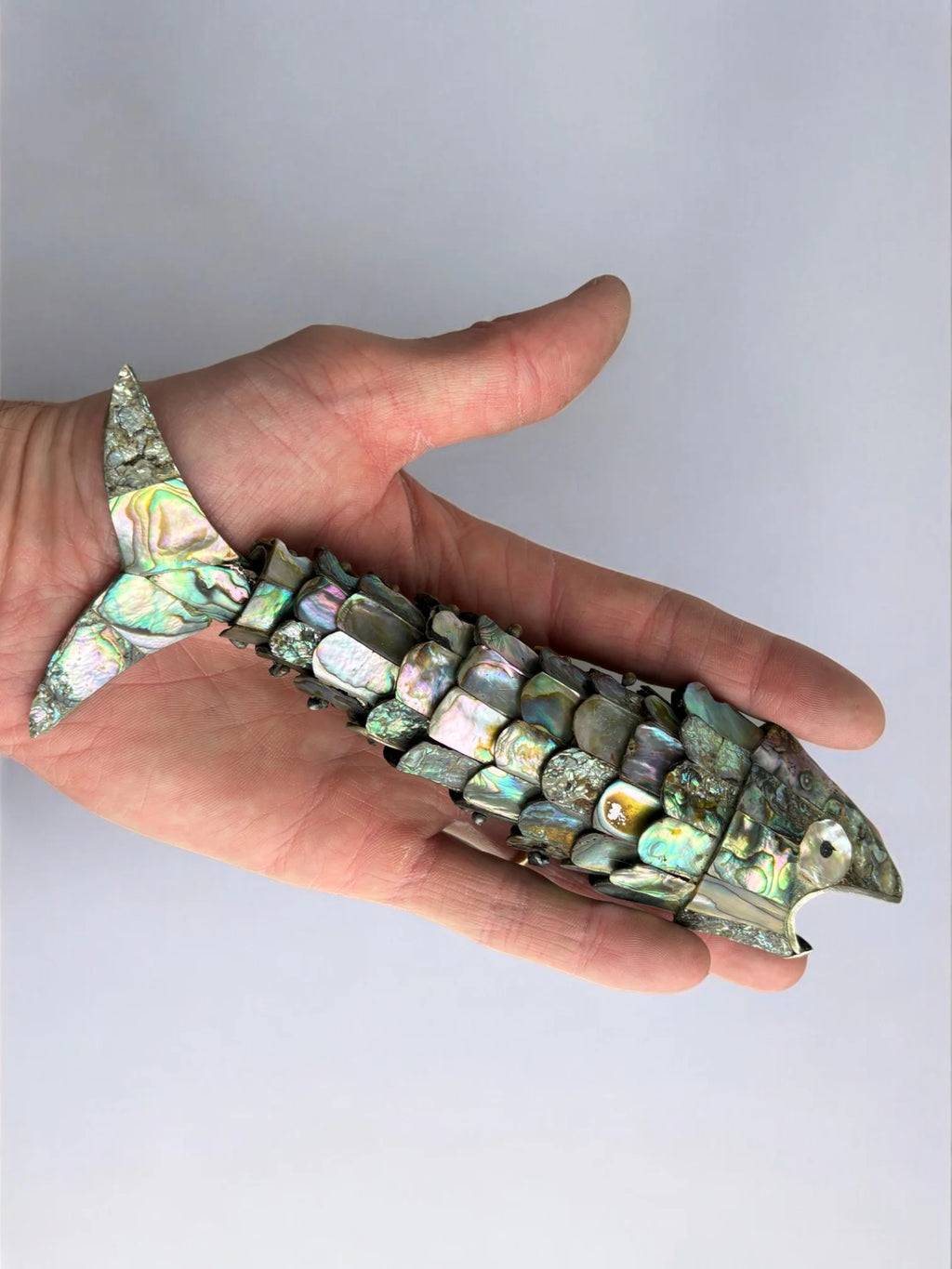 Articulated Abalone shell and Brass Fish Bottle Opener, Mexico, 1980's, 18 cm