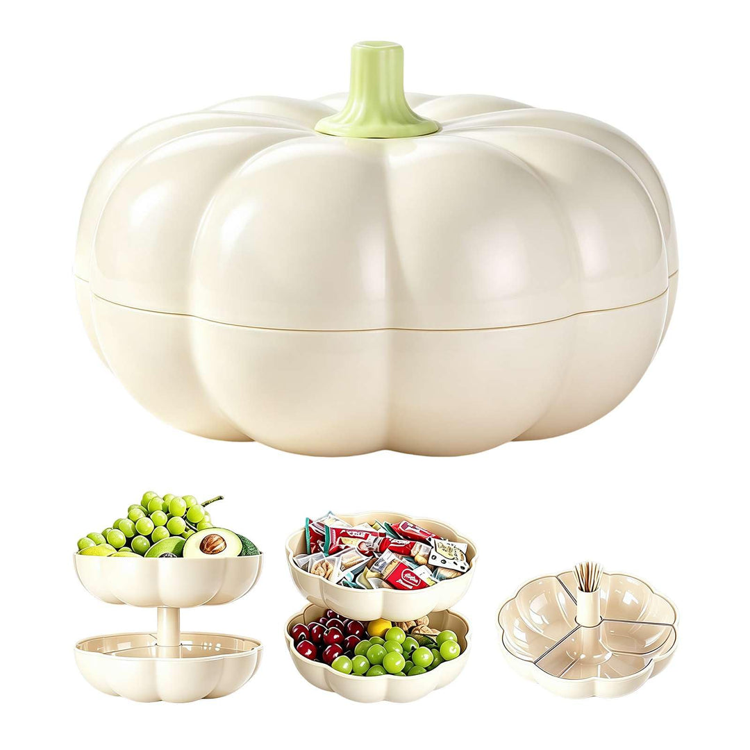 Big Pumpkin Snack Holder with Lid, Double Layer Serving Container with 3 Divided Compartments