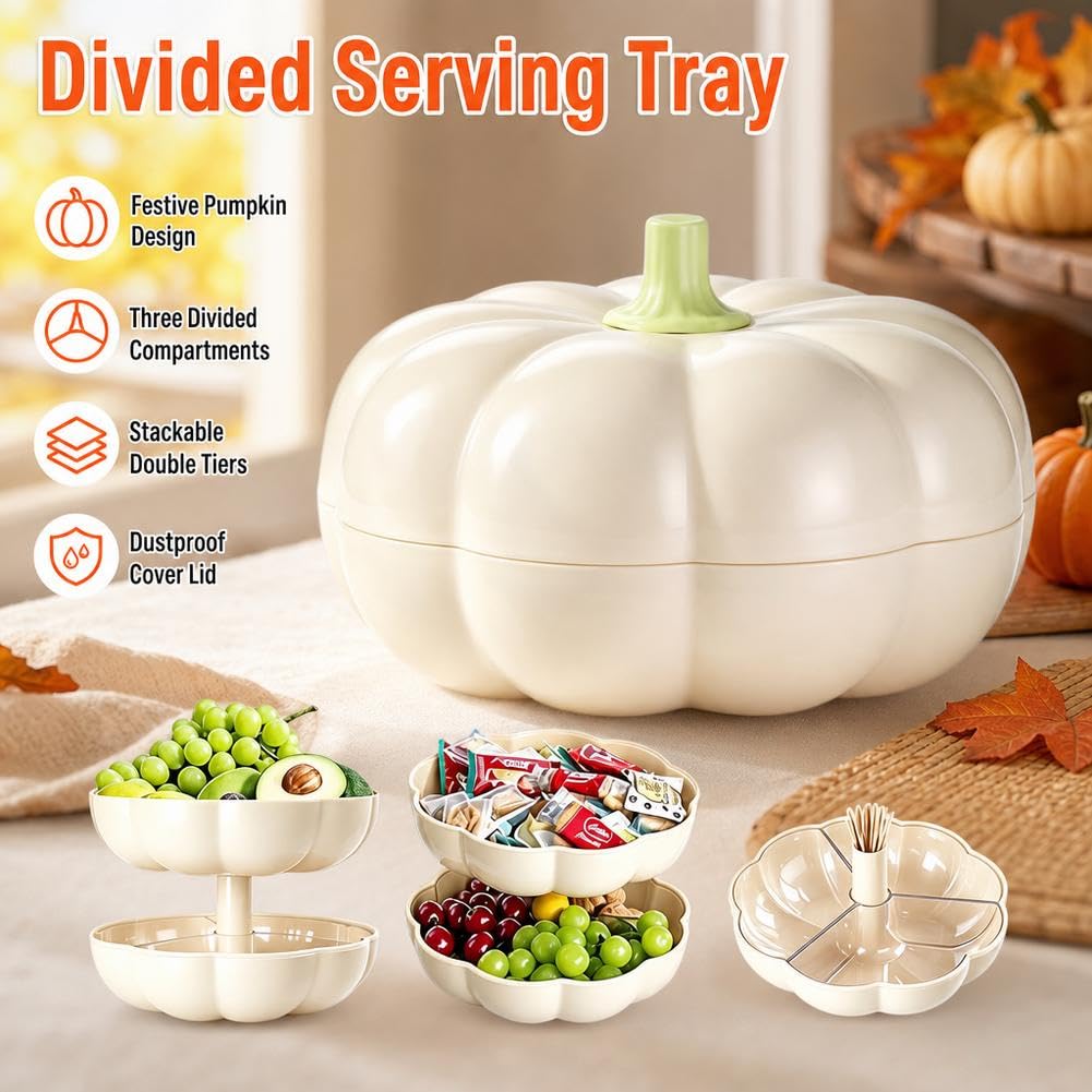 Big Pumpkin Snack Holder with Lid, Double Layer Serving Container with 3 Divided Compartments