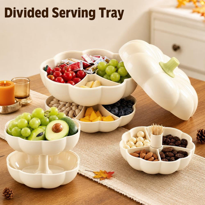 Big Pumpkin Snack Holder with Lid, Double Layer Serving Container with 3 Divided Compartments