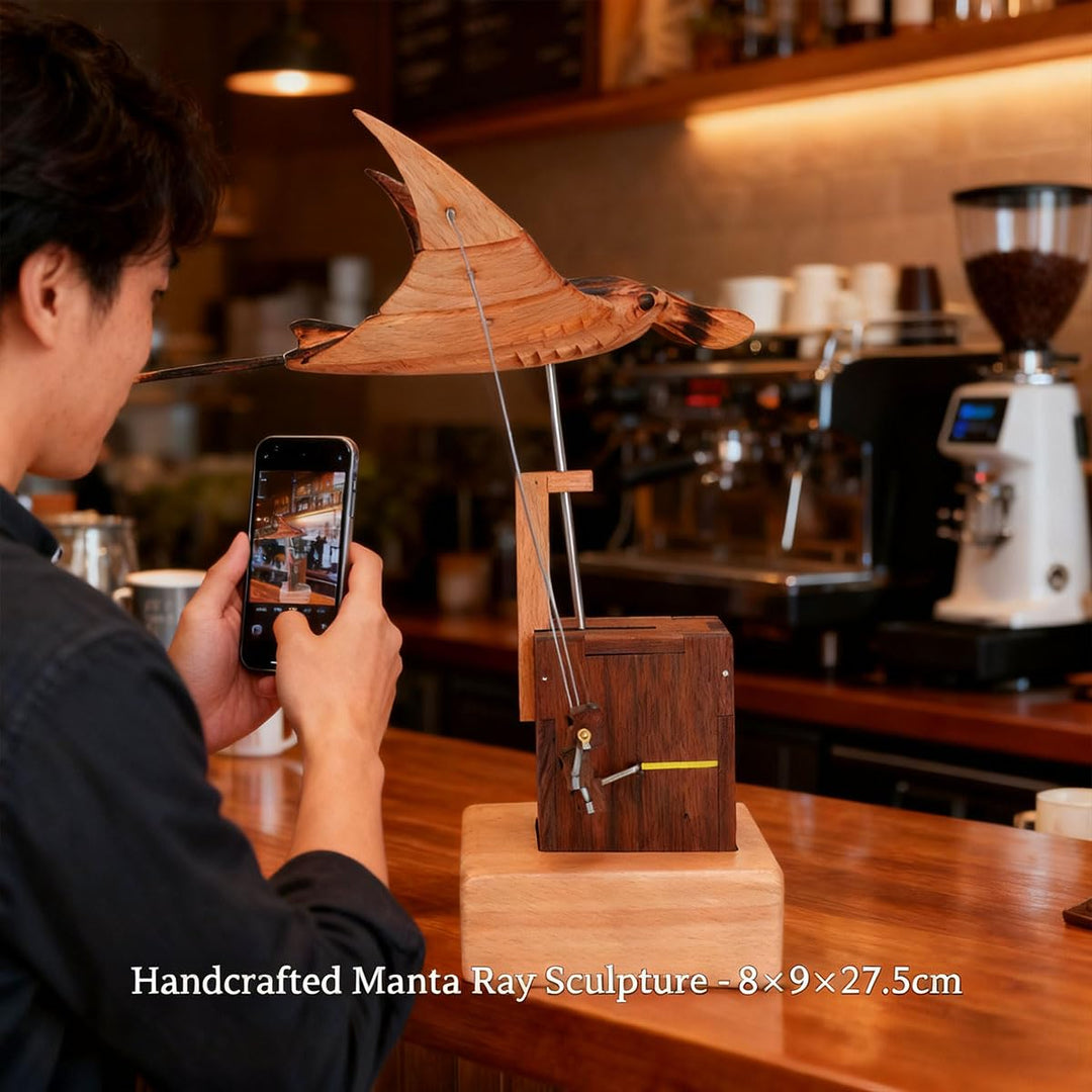 🔥 Handcrafted Wooden Kinetic Manta Ray Sculpture 🔥 Fluid Motion Automata Desk Decor