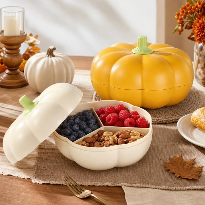 Big Pumpkin Snack Holder with Lid, Double Layer Serving Container with 3 Divided Compartments