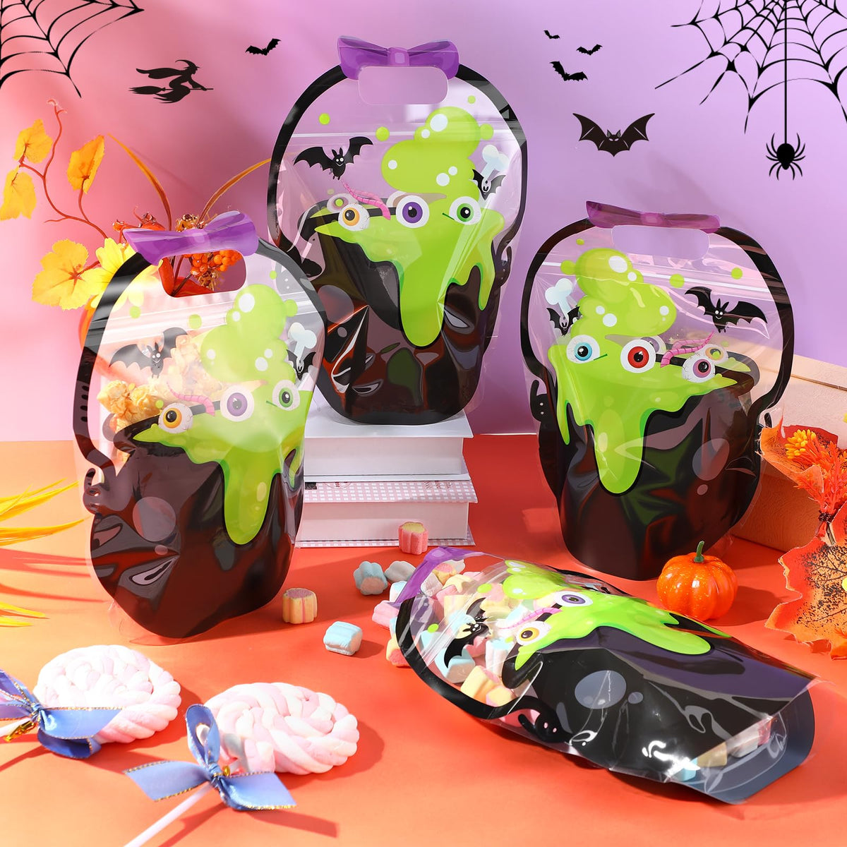 50Pcs Halloween Treat Bags with Handles -（25 pumpkin bags + 25 crucible bags)