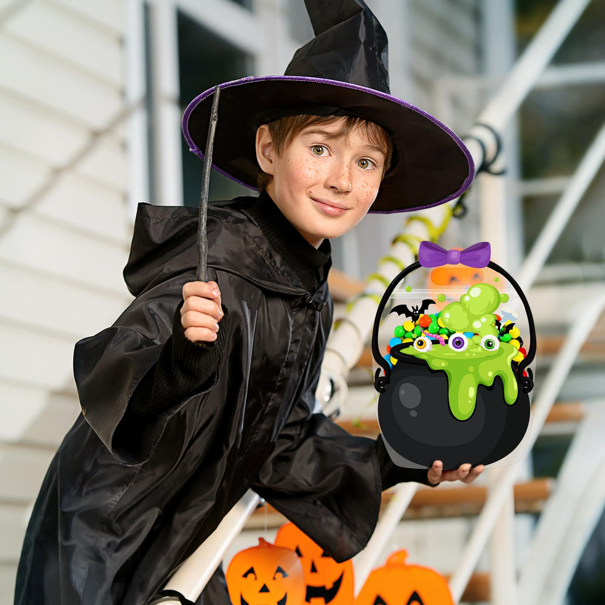 50Pcs Halloween Treat Bags with Handles -（25 pumpkin bags + 25 crucible bags)