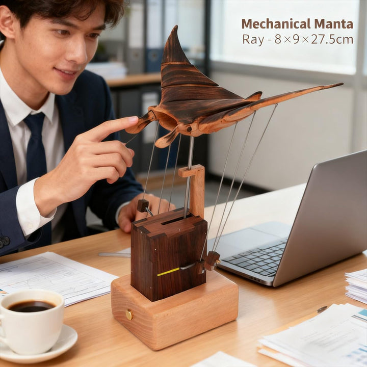 🔥 Handcrafted Wooden Kinetic Manta Ray Sculpture 🔥 Fluid Motion Automata Desk Decor
