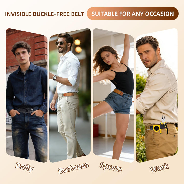 4 Buckle-Free Belts for Men and Women, Tactical Elastic Belt with Metal Hook, Invisible Adjustable Buckle-Free Belts