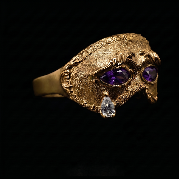 Sad Mask Teardrop Crystal Open Ring, Vintage Gold Plated Venetian Mask Band, Unique Mysterious Antique Statement Index Finger Jewelry