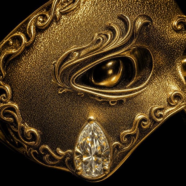 Sad Mask Teardrop Crystal Open Ring, Vintage Gold Plated Venetian Mask Band, Unique Mysterious Antique Statement Index Finger Jewelry