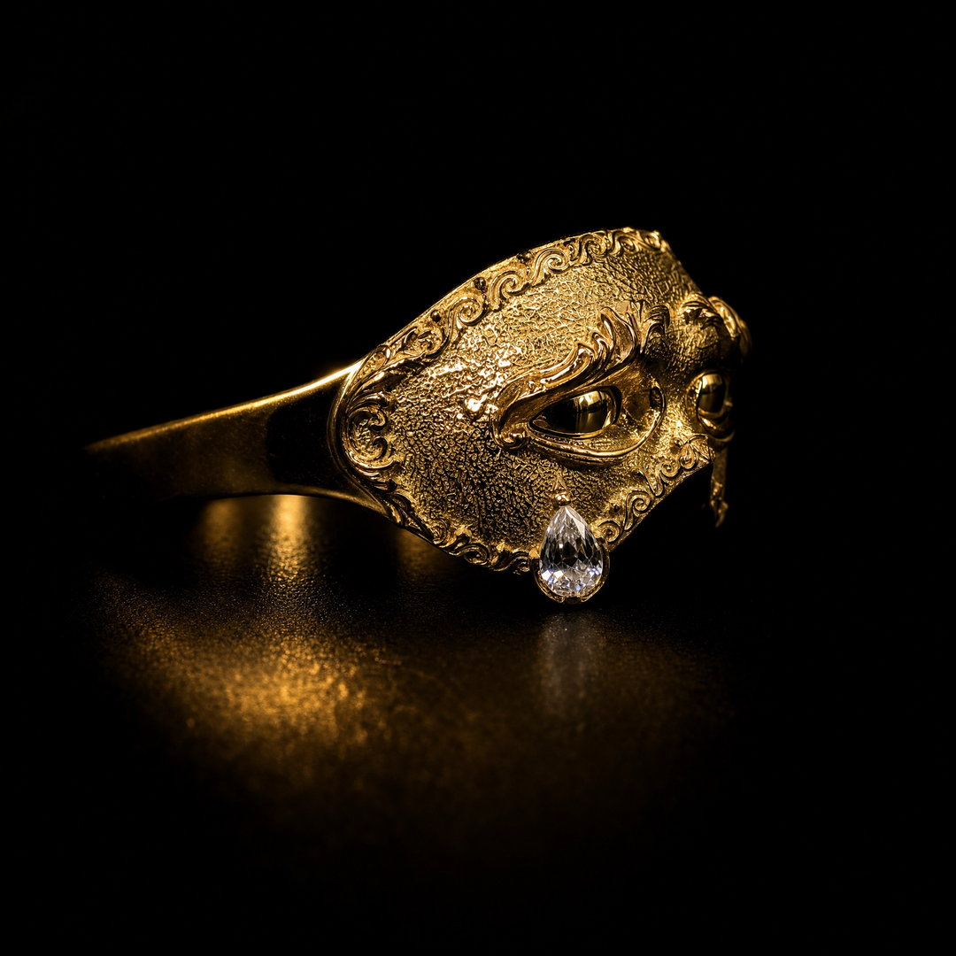 Sad Mask Teardrop Crystal Open Ring, Vintage Gold Plated Venetian Mask Band, Unique Mysterious Antique Statement Index Finger Jewelry