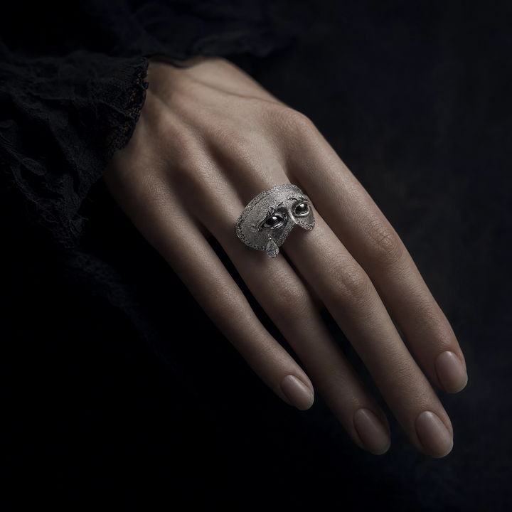 Sad Mask Teardrop Crystal Open Ring, Vintage Gold Plated Venetian Mask Band, Unique Mysterious Antique Statement Index Finger Jewelry