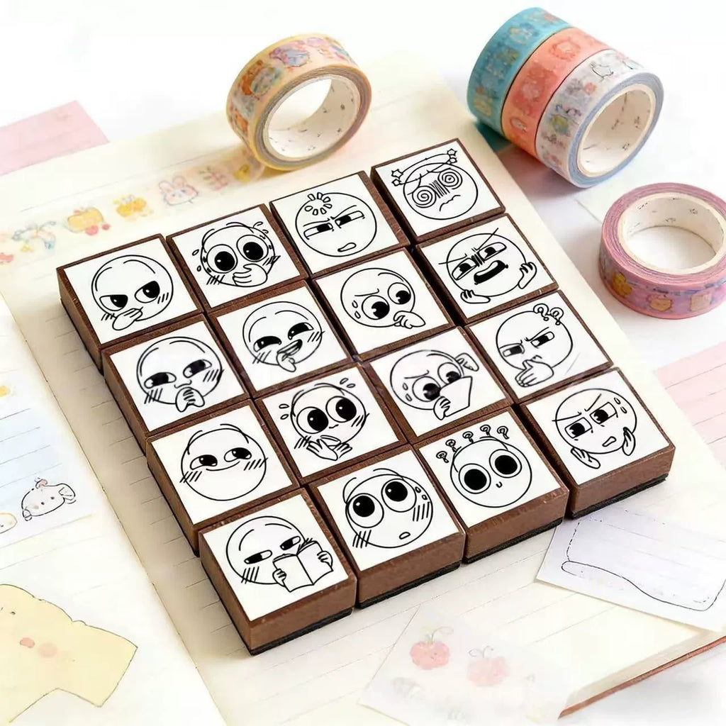 Doodly Stamps Cartoon Funny Face Wooden Rubber Stamp Set