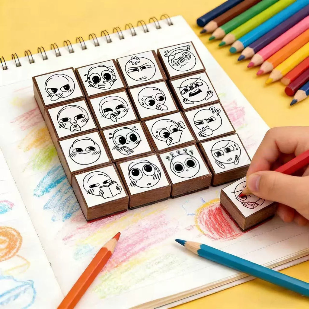 Doodly Stamps Cartoon Funny Face Wooden Rubber Stamp Set