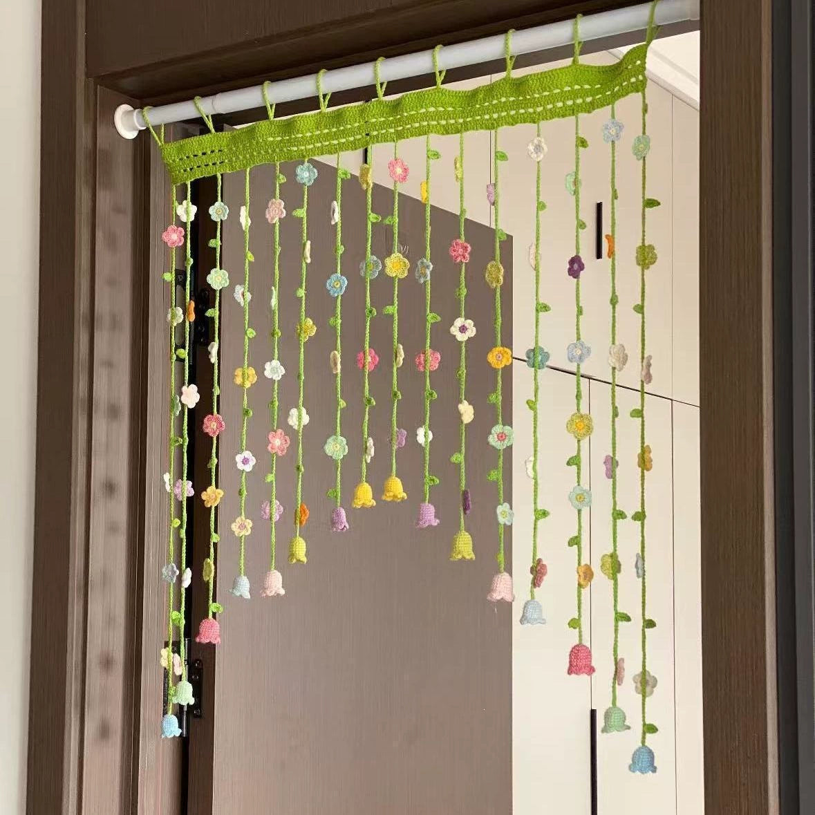 Handmade Crochet Spring Flower Door Curtain | Boho Floral Tassel Curtain for 80cm Doorways