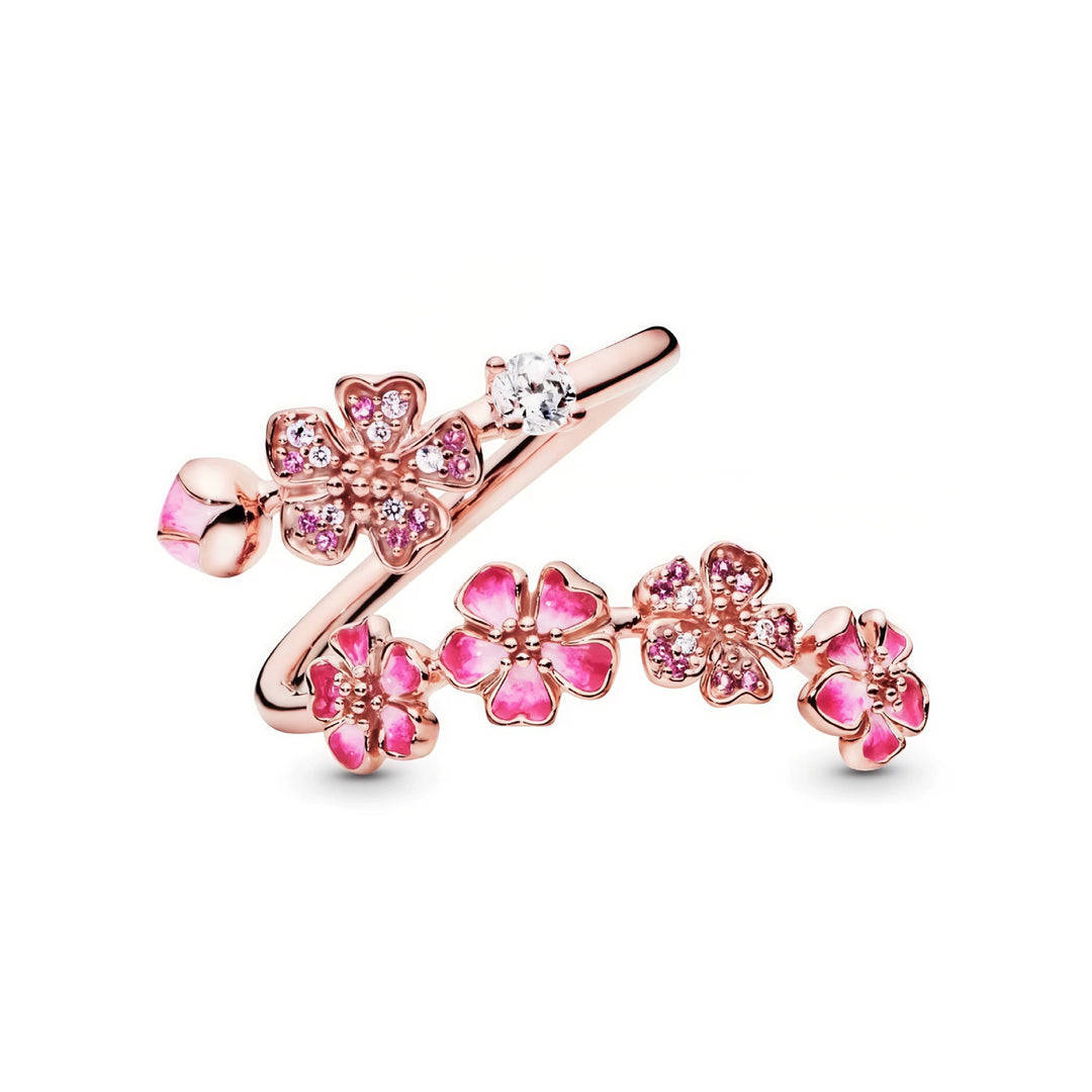 Pink Peach Blossom Flower Branch Open Ring