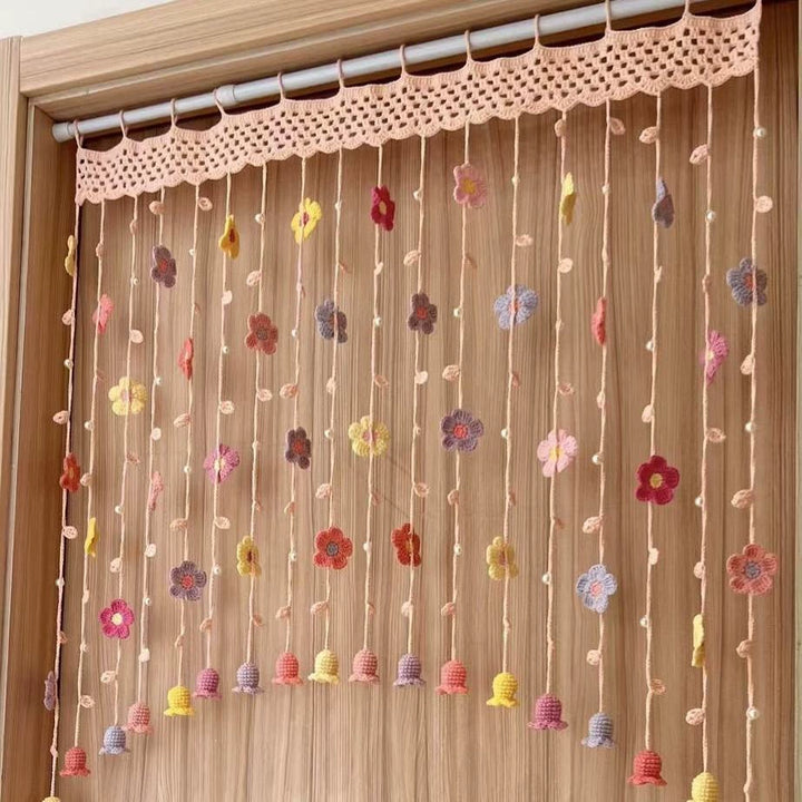 Handmade Crochet Spring Flower Door Curtain | Boho Floral Tassel Curtain for 80cm Doorways