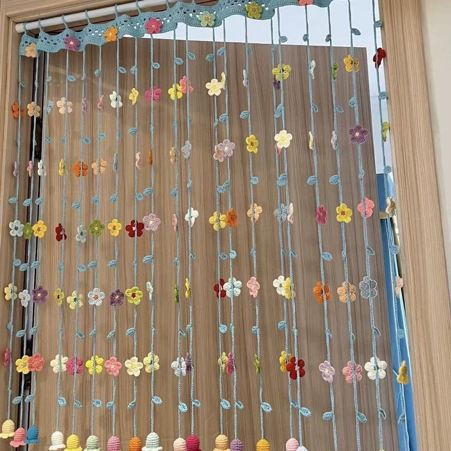 Handmade Crochet Spring Flower Door Curtain | Boho Floral Tassel Curtain for 80cm Doorways