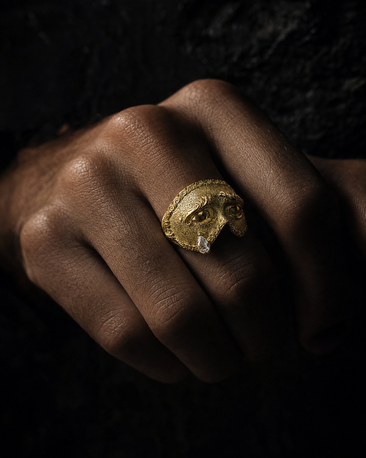 Sad Mask Teardrop Crystal Open Ring, Vintage Gold Plated Venetian Mask Band, Unique Mysterious Antique Statement Index Finger Jewelry