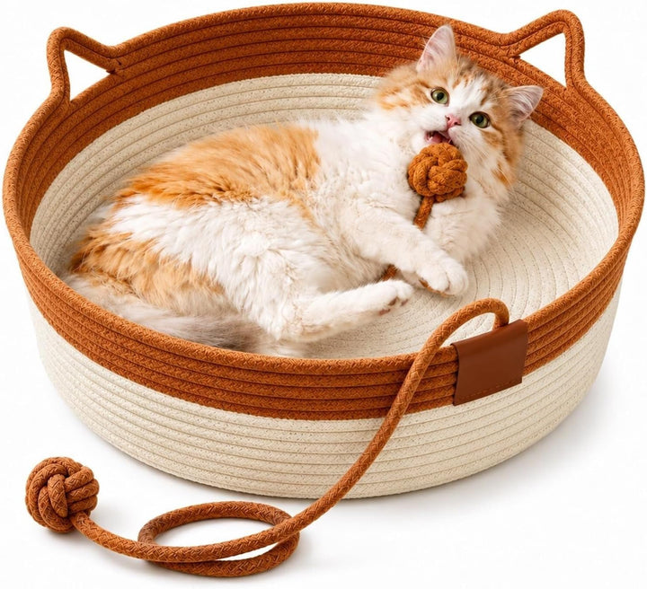 🐱 Handwoven Cat Basket Bed with Hanging Ball Toy ✅