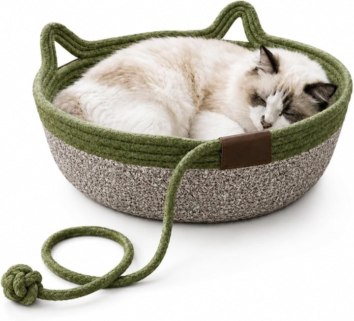 🐱 Handwoven Cat Basket Bed with Hanging Ball Toy ✅