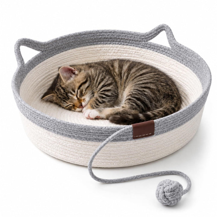 🐱 Handwoven Cat Basket Bed with Hanging Ball Toy ✅