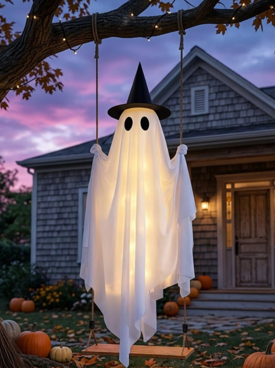 👻👻Halloween Decorations Outdoor, 5FT Large Hanging Ghost Swing with Remote Control String Lights👻👻