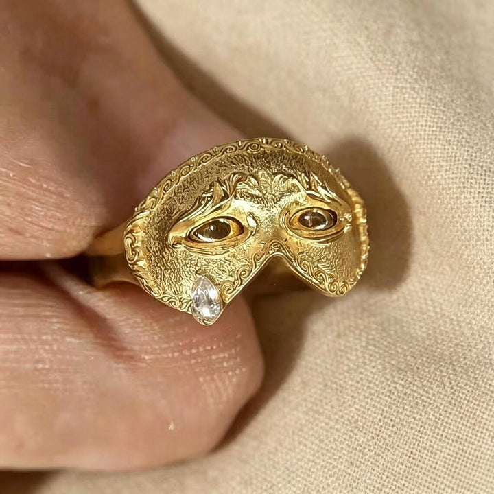 Sad Mask Teardrop Crystal Open Ring, Vintage Gold Plated Venetian Mask Band, Unique Mysterious Antique Statement Index Finger Jewelry