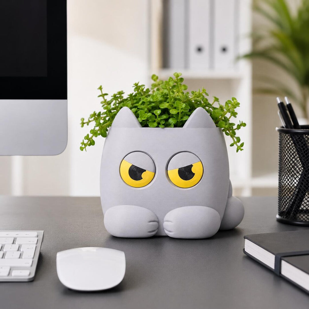 Grumpy Cat Plant Pot | 3D Printed weight Sensing Planter — Eyes Change When You Water It | Funny Cat Gift for Plants Lover