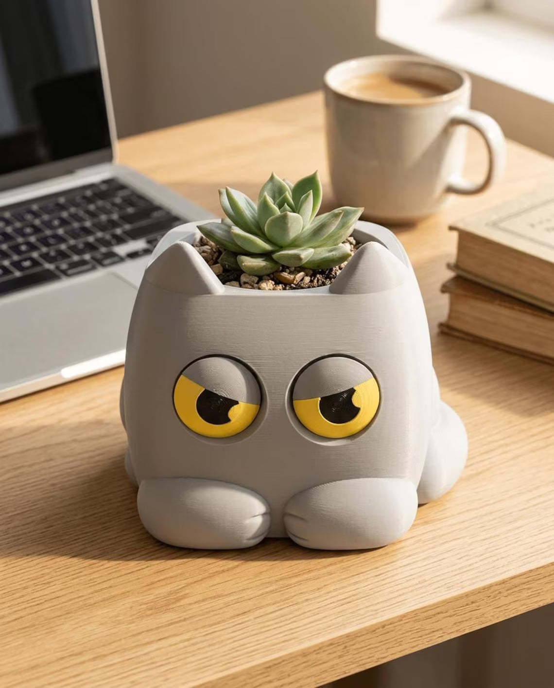 Grumpy Cat Plant Pot | 3D Printed weight Sensing Planter — Eyes Change When You Water It | Funny Cat Gift for Plants Lover