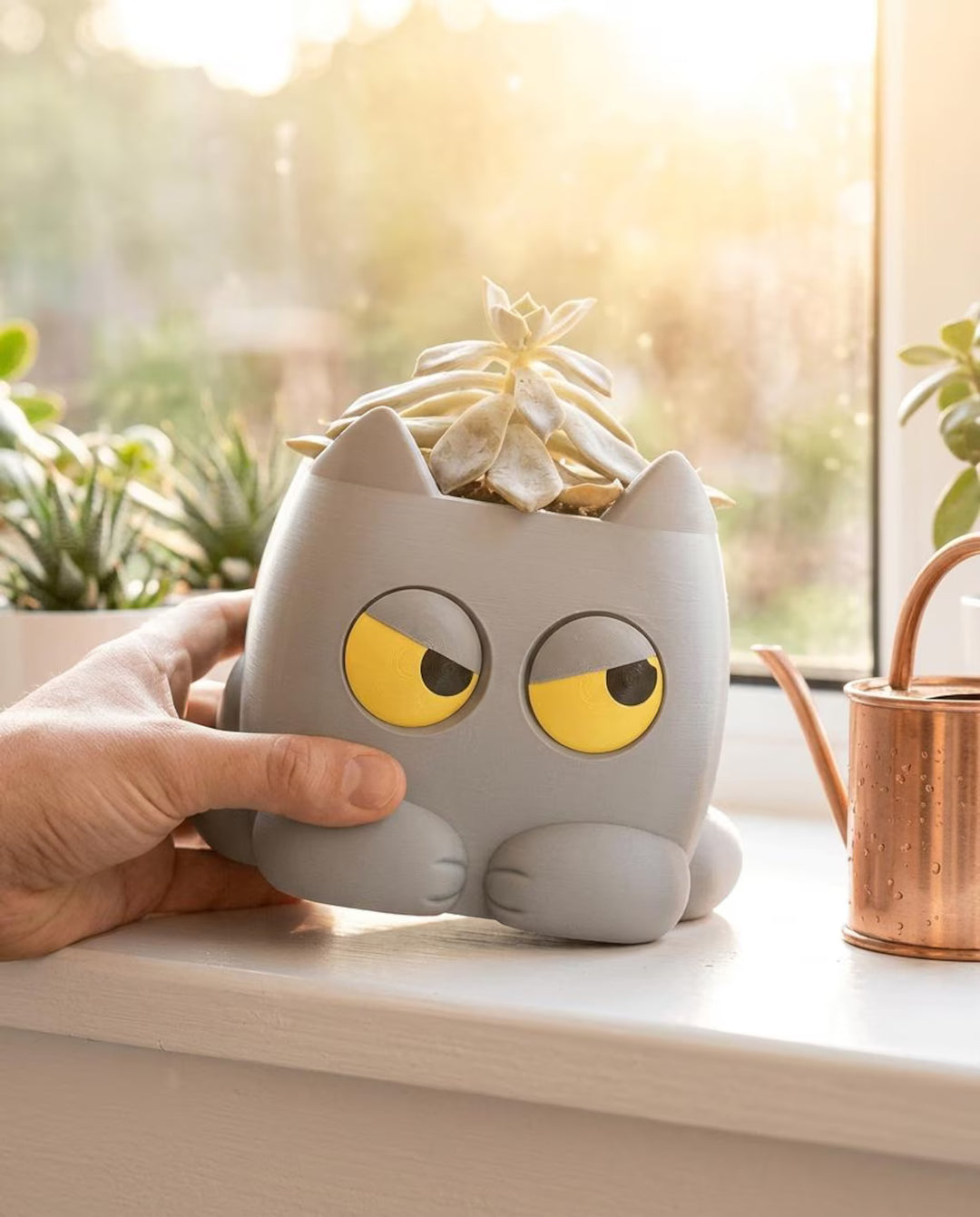 Grumpy Cat Plant Pot | 3D Printed weight Sensing Planter — Eyes Change When You Water It | Funny Cat Gift for Plants Lover