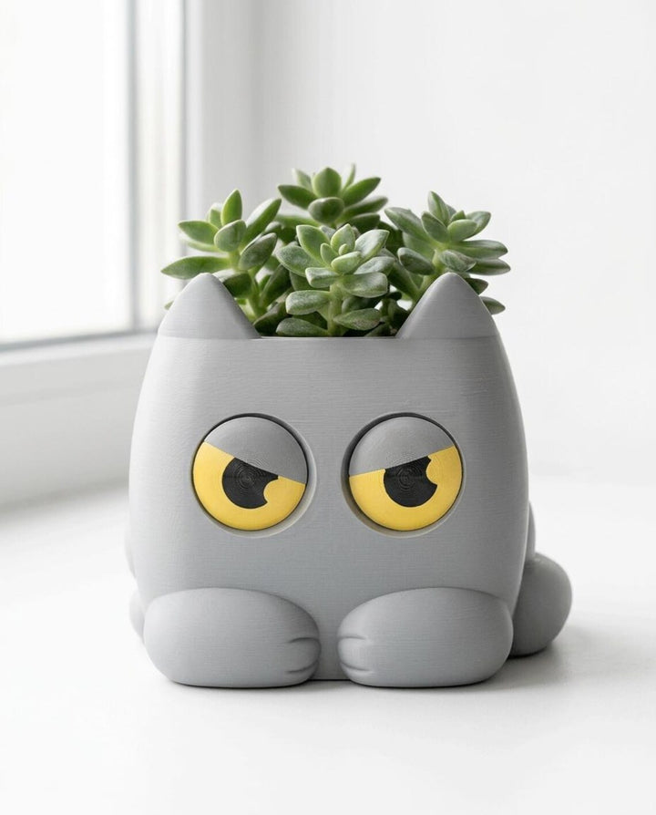 Grumpy Cat Plant Pot | 3D Printed weight Sensing Planter — Eyes Change When You Water It | Funny Cat Gift for Plants Lover