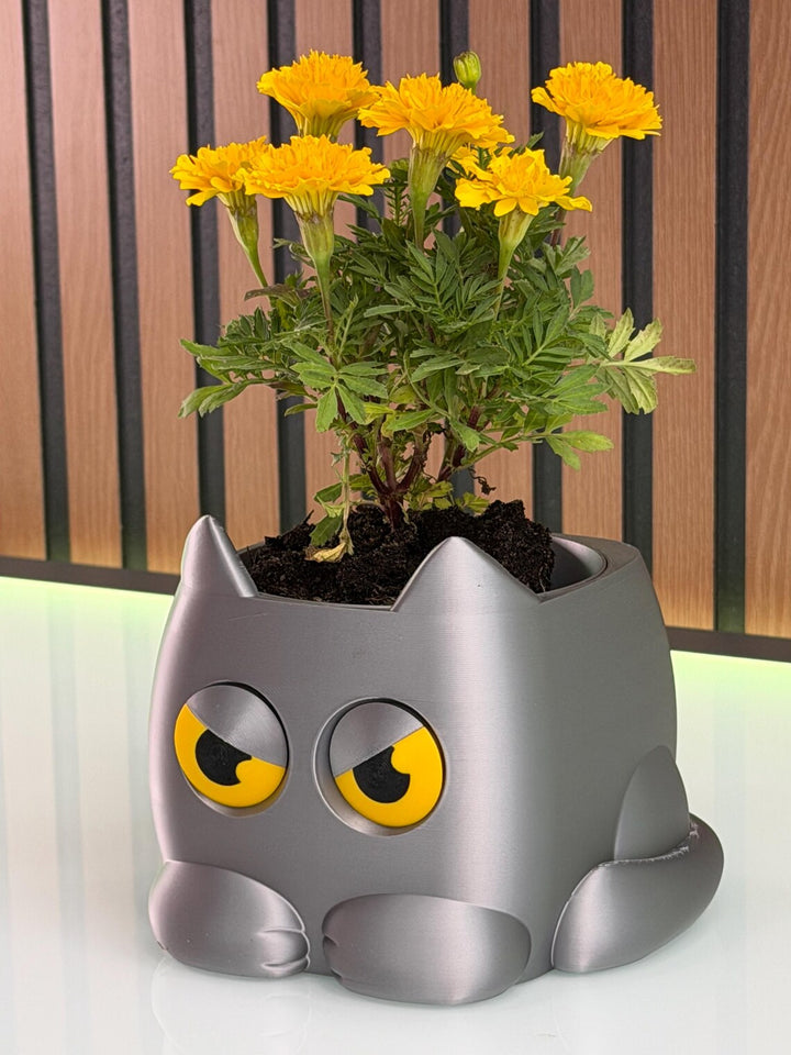 Grumpy Cat Plant Pot | 3D Printed weight Sensing Planter — Eyes Change When You Water It | Funny Cat Gift for Plants Lover