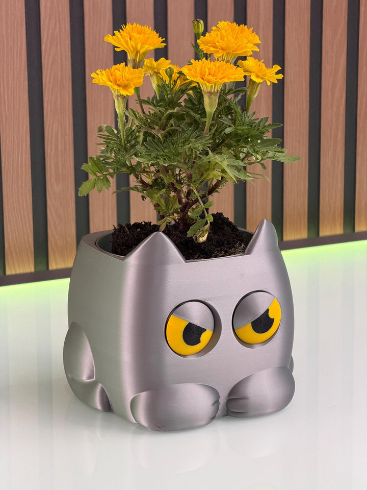 Grumpy Cat Plant Pot | 3D Printed weight Sensing Planter — Eyes Change When You Water It | Funny Cat Gift for Plants Lover