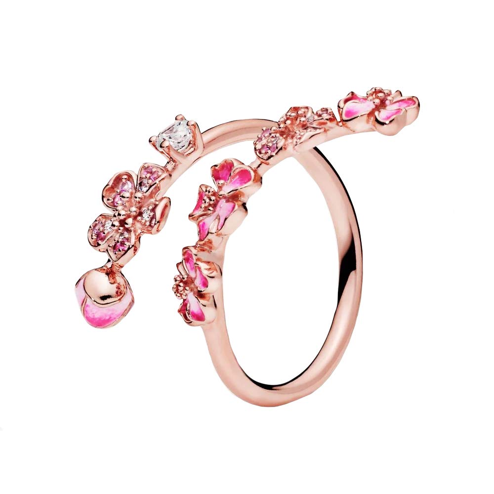 Pink Peach Blossom Flower Branch Open Ring