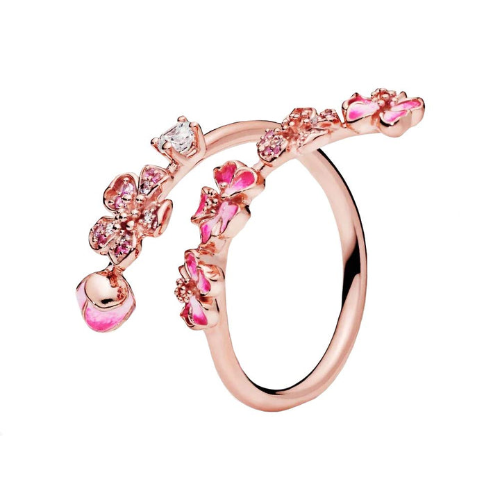 Pink Peach Blossom Flower Branch Open Ring
