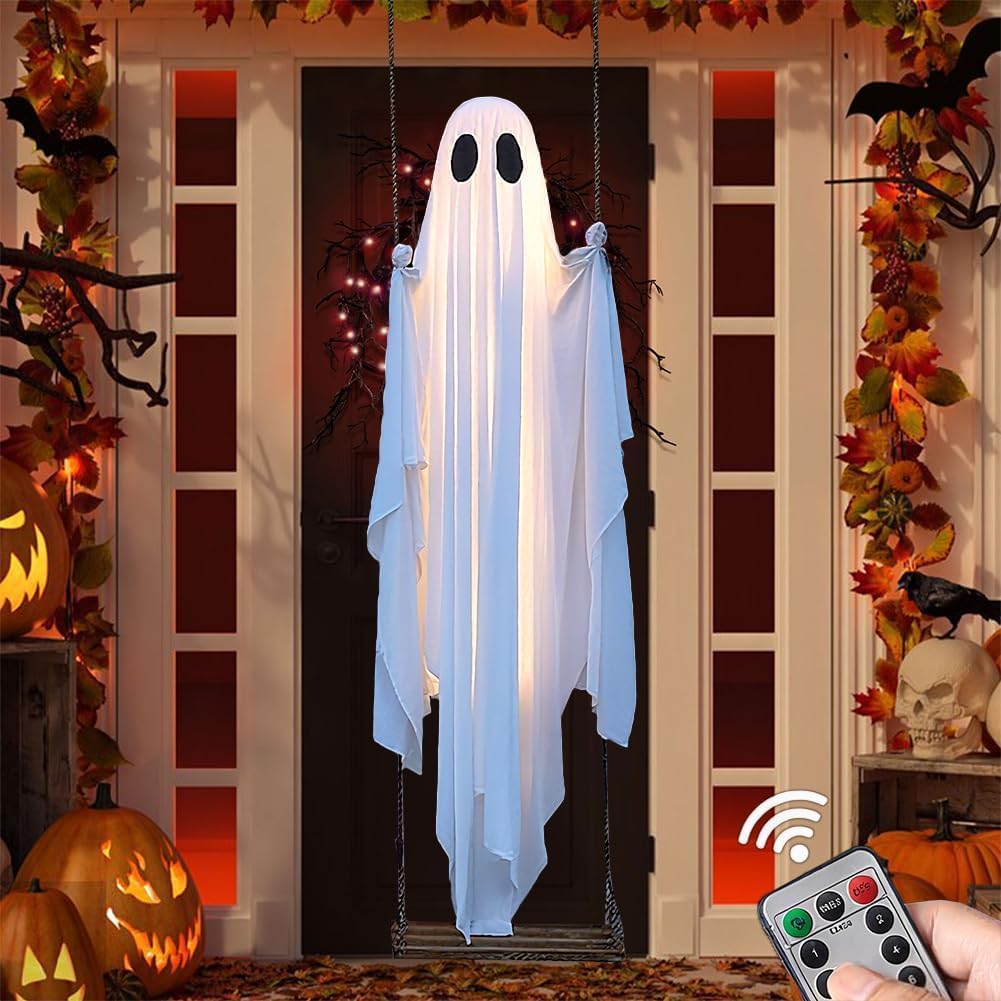 👻👻Halloween Decorations Outdoor, 5FT Large Hanging Ghost Swing with Remote Control String Lights👻👻