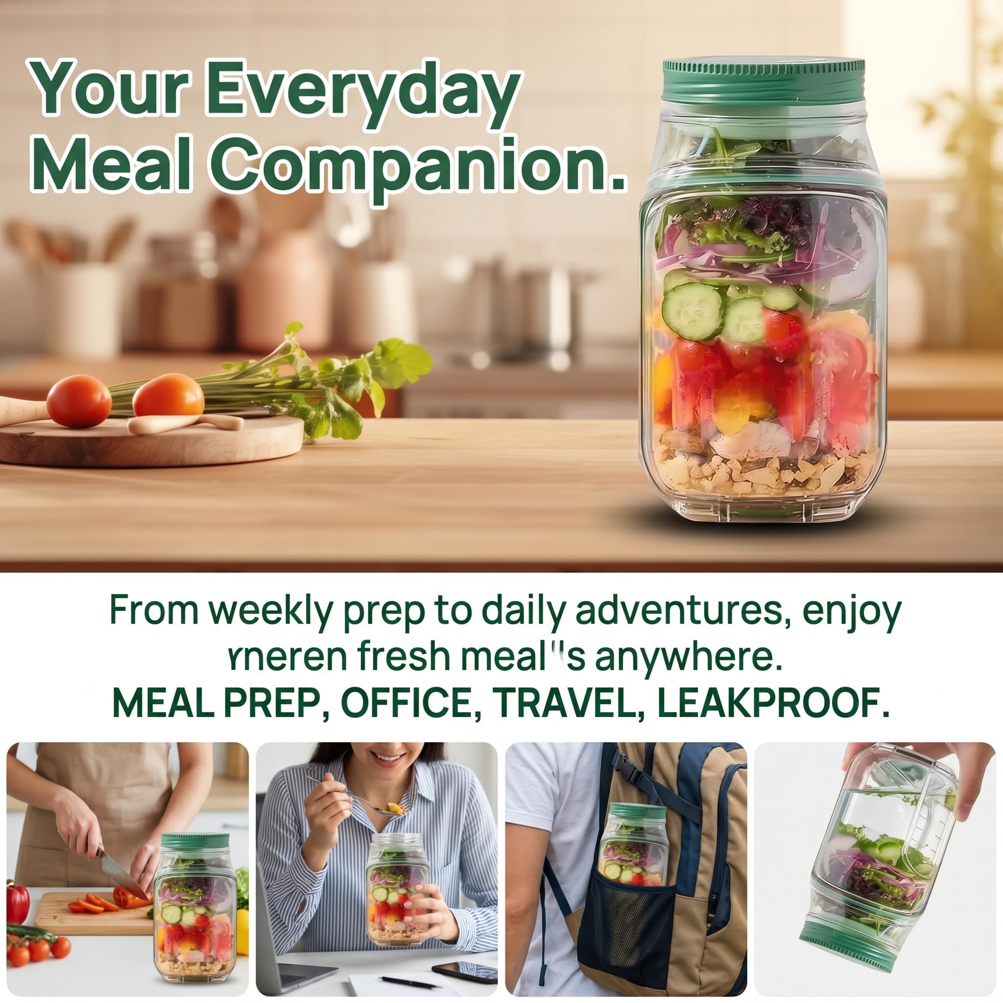 Salad Jar with Side Opening Leakproof Mason Jar Salad Container