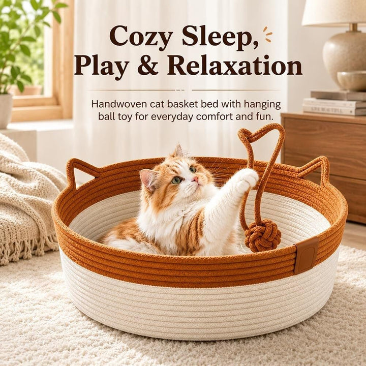 🐱 Handwoven Cat Basket Bed with Hanging Ball Toy ✅