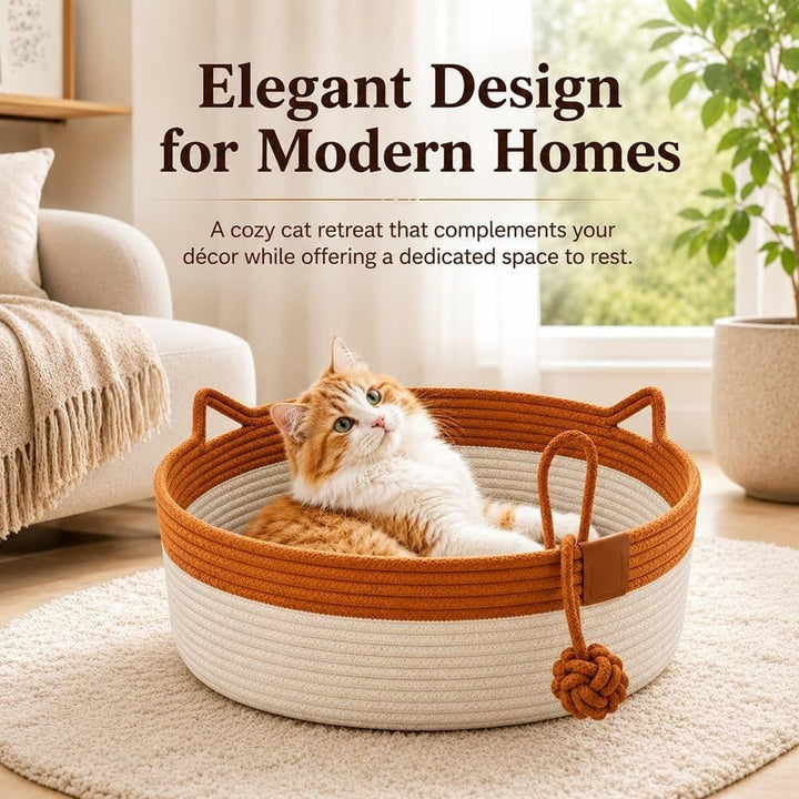 🐱 Handwoven Cat Basket Bed with Hanging Ball Toy ✅