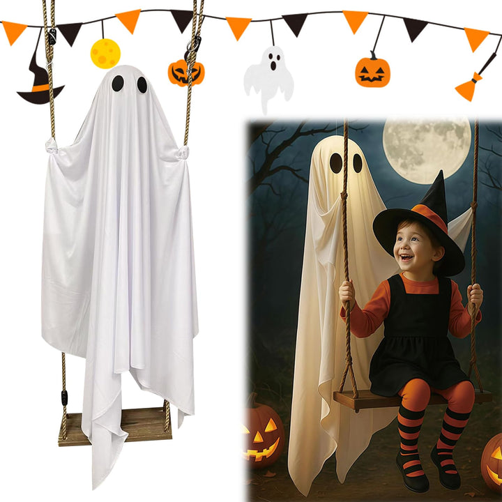 👻👻Halloween Decorations Outdoor, 5FT Large Hanging Ghost Swing with Remote Control String Lights👻👻