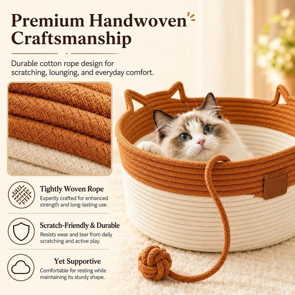 🐱 Handwoven Cat Basket Bed with Hanging Ball Toy ✅