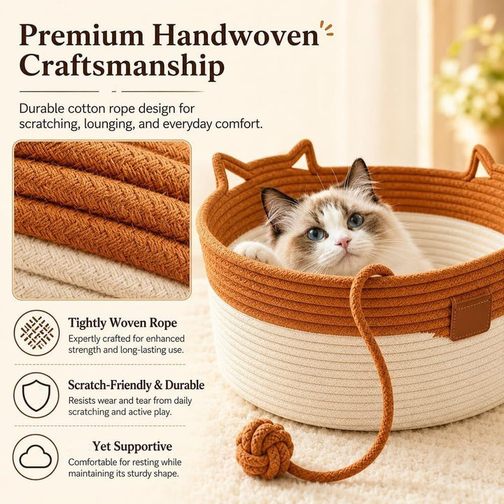 🐱 Handwoven Cat Basket Bed with Hanging Ball Toy ✅
