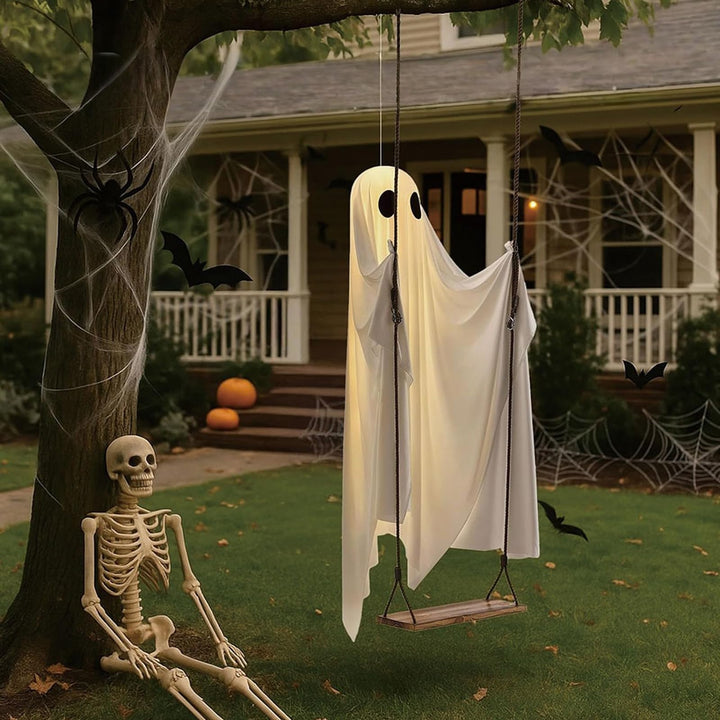 👻👻Halloween Decorations Outdoor, 5FT Large Hanging Ghost Swing with Remote Control String Lights👻👻